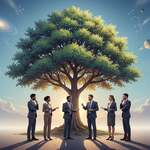 A serene landscape illustrating the theme of "Ethics and Responsibility" in relation to life. In the foreground, a diverse group of professionals, dressed in modest business attire, engage in a thoughtful discussion, their expressions reflecting contemplation and determination. In the middle ground, a large, vibrant tree symbolizes growth and interconnectedness, its branches reaching towards a bright, clear sky. In the background, a subtle representation of the universe—stars and planets—fades into a soft gradient, blending into the peaceful scenery. The lighting is soft and warm, casting gentle shadows to evoke a sense of hope and responsibility. The overall atmosphere is reflective and inspiring, encouraging viewers to ponder the profound relationship between ethical considerations and the origin of life.