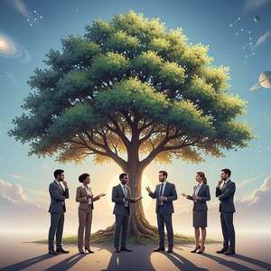 A serene landscape illustrating the theme of "Ethics and Responsibility" in relation to life. In the foreground, a diverse group of professionals, dressed in modest business attire, engage in a thoughtful discussion, their expressions reflecting contemplation and determination. In the middle ground, a large, vibrant tree symbolizes growth and interconnectedness, its branches reaching towards a bright, clear sky. In the background, a subtle representation of the universe—stars and planets—fades into a soft gradient, blending into the peaceful scenery. The lighting is soft and warm, casting gentle shadows to evoke a sense of hope and responsibility. The overall atmosphere is reflective and inspiring, encouraging viewers to ponder the profound relationship between ethical considerations and the origin of life.