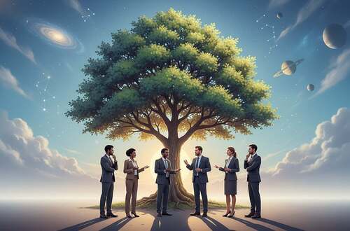 A serene landscape illustrating the theme of "Ethics and Responsibility" in relation to life. In the foreground, a diverse group of professionals, dressed in modest business attire, engage in a thoughtful discussion, their expressions reflecting contemplation and determination. In the middle ground, a large, vibrant tree symbolizes growth and interconnectedness, its branches reaching towards a bright, clear sky. In the background, a subtle representation of the universe—stars and planets—fades into a soft gradient, blending into the peaceful scenery. The lighting is soft and warm, casting gentle shadows to evoke a sense of hope and responsibility. The overall atmosphere is reflective and inspiring, encouraging viewers to ponder the profound relationship between ethical considerations and the origin of life.