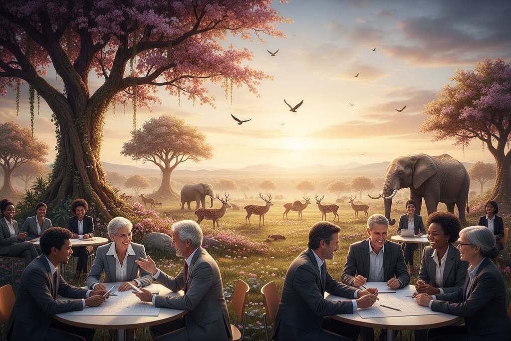 A serene landscape illustrating the theme of evolution and community. In the foreground, a diverse group of people in professional attire of various ethnic backgrounds, engaged in collaborative activities, symbolize unity and shared purpose. The middle ground features a lush, thriving environment, with trees and animals representing the interconnectedness of all life. In the background, a soft sunrise casts warm, golden light, signifying hope and growth. The horizon gently fades into a gradient of colors, highlighting the transition from individualism to togetherness. The atmosphere is uplifting and harmonious, conveying an inspiring sense of community and shared human potential.