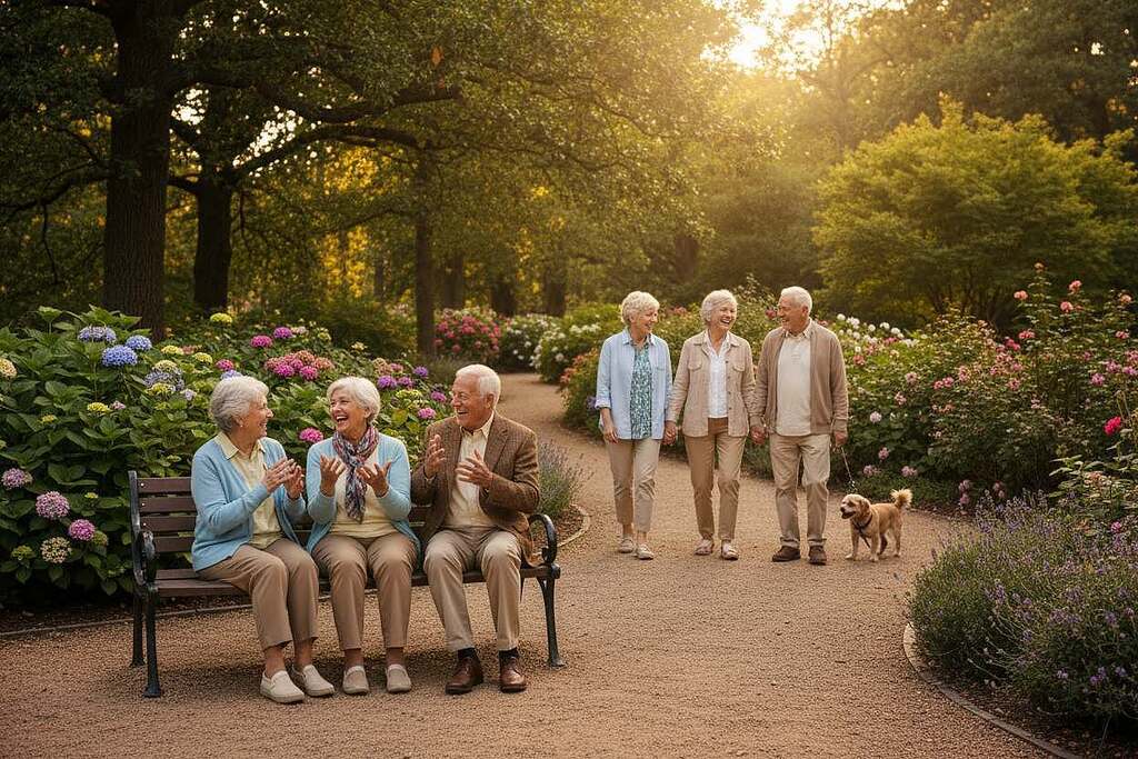 A serene park scene depicting elderly individuals enjoying social connections to emphasize health in later life. In the foreground, a diverse group of seniors, including women and men of various ethnic backgrounds, engage in animated conversation while seated on a bench, dressed in modest casual clothing. In the middle ground, others walk together, sharing smiles, creating a sense of community and warmth. The background features lush greenery, blooming flowers, and a gentle sunlight filtering through the trees, casting soft shadows. The overall mood is uplifting and cozy, reflecting joy and companionship. The image should convey a sense of peace and fulfillment, captured from a slightly elevated angle to encompass both the interactions and the natural beauty surrounding them.