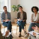 A serene scene depicting a diverse group of people engaged in a thoughtful discussion about mental healing techniques. In the foreground, a middle-aged woman in professional attire is sharing her success story, with a calm expression and gesturing expressively. In the middle ground, two men and a woman, all in smart casual clothing, are listening intently, taking notes on their notepads, reflecting a sense of curiosity and hope. The background showcases a bright, airy room filled with plants and natural light streaming through large windows, creating an inviting atmosphere. Soft lighting enhances the warm, supportive mood. The lens captures a slightly elevated angle, adding depth and perspective to the gathering, symbolizing growth and enlightenment.