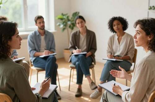 A serene scene depicting a diverse group of people engaged in a thoughtful discussion about mental healing techniques. In the foreground, a middle-aged woman in professional attire is sharing her success story, with a calm expression and gesturing expressively. In the middle ground, two men and a woman, all in smart casual clothing, are listening intently, taking notes on their notepads, reflecting a sense of curiosity and hope. The background showcases a bright, airy room filled with plants and natural light streaming through large windows, creating an inviting atmosphere. Soft lighting enhances the warm, supportive mood. The lens captures a slightly elevated angle, adding depth and perspective to the gathering, symbolizing growth and enlightenment.