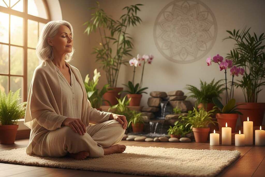A serene scene depicting mindfulness and spirituality in old age. In the foreground, an elderly individual sits cross-legged on a plush mat, practicing meditation, dressed in comfortable yet modest clothing. They exude tranquility, surrounded by soft light filtering through a window, highlighting their peaceful expression. In the middle ground, a lush indoor garden with vibrant plants and gentle streams symbolizes natural connections. In the background, a soft focus on spiritual symbols, such as a subtle mandala and candles casting warm glows, enhances the atmosphere. The lighting is soft and warm, creating a calming mood. The composition is intimate, inviting the viewer into this moment of reflection and serenity, evoking a sense of peace and wellness in aging.