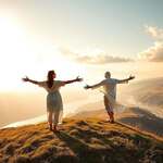 A serene scene depicting the theme of "Letting Go and Freedom in Love." In the foreground, a couple stands on a grassy hill, their arms outstretched toward each other, conveying trust and open hearts. They wear modest, flowing clothing, symbolizing a sense of freedom and connection. In the middle ground, a bright and expansive sky filled with soft, billowy clouds reflects the warmth of the sun, casting a golden light that enhances the emotional depth of the moment. The background features a tranquil landscape with gentle hills and a sparkling river, symbolizing the journey of love. The overall mood is one of peace, hope, and liberation, inviting viewers to embrace the beauty of love without fear or constraints. The lighting is warm and inviting, creating a harmonious atmosphere that resonates with the theme.