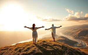 A serene scene depicting the theme of "Letting Go and Freedom in Love." In the foreground, a couple stands on a grassy hill, their arms outstretched toward each other, conveying trust and open hearts. They wear modest, flowing clothing, symbolizing a sense of freedom and connection. In the middle ground, a bright and expansive sky filled with soft, billowy clouds reflects the warmth of the sun, casting a golden light that enhances the emotional depth of the moment. The background features a tranquil landscape with gentle hills and a sparkling river, symbolizing the journey of love. The overall mood is one of peace, hope, and liberation, inviting viewers to embrace the beauty of love without fear or constraints. The lighting is warm and inviting, creating a harmonious atmosphere that resonates with the theme.