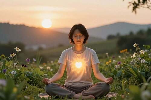 A serene scene illustrating healing processes, featuring a person seated in a tranquil, zen-like environment. In the foreground, they practice focused meditation, surrounded by soft, glowing light that emanates from their heart, symbolizing self-healing energy. In the middle ground, lush greenery intertwines with delicate flowers, representing growth and renewal. The background showcases a softly blurred landscape of calming hills under a warm, golden sunset, contributing to a peaceful atmosphere. The lighting is gentle and natural, highlighting the person's calm expression as they embrace the power of their imagination. The image conveys a sense of harmony and positivity, inviting viewers to explore the connection between thoughts and health.