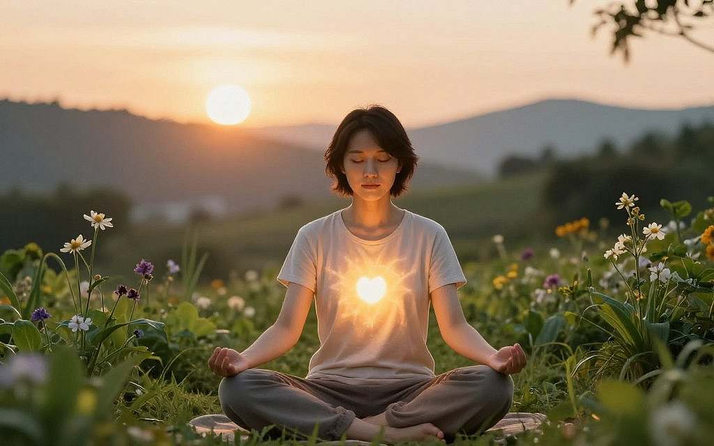 A serene scene illustrating healing processes, featuring a person seated in a tranquil, zen-like environment. In the foreground, they practice focused meditation, surrounded by soft, glowing light that emanates from their heart, symbolizing self-healing energy. In the middle ground, lush greenery intertwines with delicate flowers, representing growth and renewal. The background showcases a softly blurred landscape of calming hills under a warm, golden sunset, contributing to a peaceful atmosphere. The lighting is gentle and natural, highlighting the person's calm expression as they embrace the power of their imagination. The image conveys a sense of harmony and positivity, inviting viewers to explore the connection between thoughts and health.