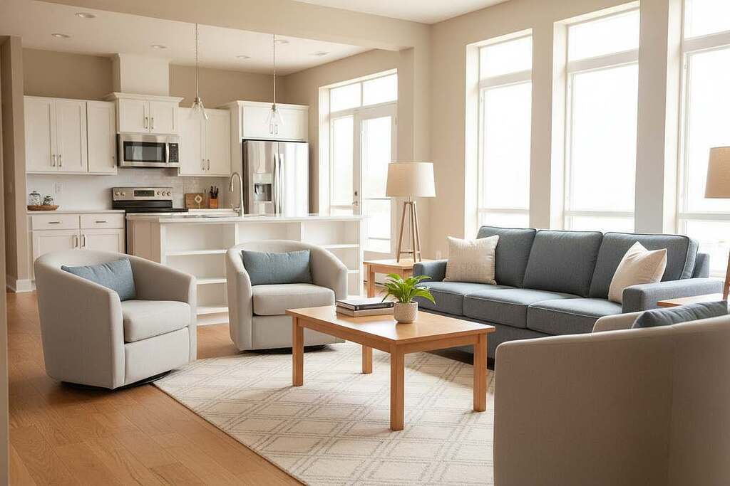 A serene, welcoming living space designed for seniors, emphasizing accessibility and comfort. In the foreground, a cozy lounge area with plush, ergonomic furniture arranged around a soft rug. A light-colored wooden coffee table holds books and a small decorative plant. In the middle ground, large windows allow natural sunlight to flood the room, enhancing the warmth of the wooden floors and beige walls. Soft, warm lighting creates a peaceful atmosphere. In the background, a well-organized kitchen area is visible, featuring modern appliances and safety features like easy-to-reach shelves and grab bars. The mood is tranquil and joyful, reflecting a harmonious environment that supports healthy aging. No people are depicted, allowing the focus to be on the inviting living space itself.