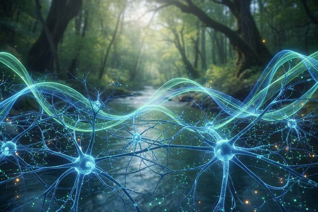 A serene yet dynamic representation of "existenzspannung" is the focal point of the image. In the foreground, an abstract depiction of human neurons and synapses, interconnected and pulsing with energy, illustrating the bioelectrical nature of life. The middle ground features gracefully swirling, luminous currents resembling bioelectric fields, intertwining and flowing around the neurons. In the background, a soft-focus of a natural environment, like a lush forest or flowing water, symbolizing the surrounding milieu that influences self-regulation. Utilize soft, ethereal lighting to create a sense of tranquility while highlighting the vibrant colors of blue and green to evoke life and energy. The angle should be slightly elevated, providing a comprehensive view of the interaction between bioelectric phenomena and their environment, fostering an atmosphere of discovery and contemplation.