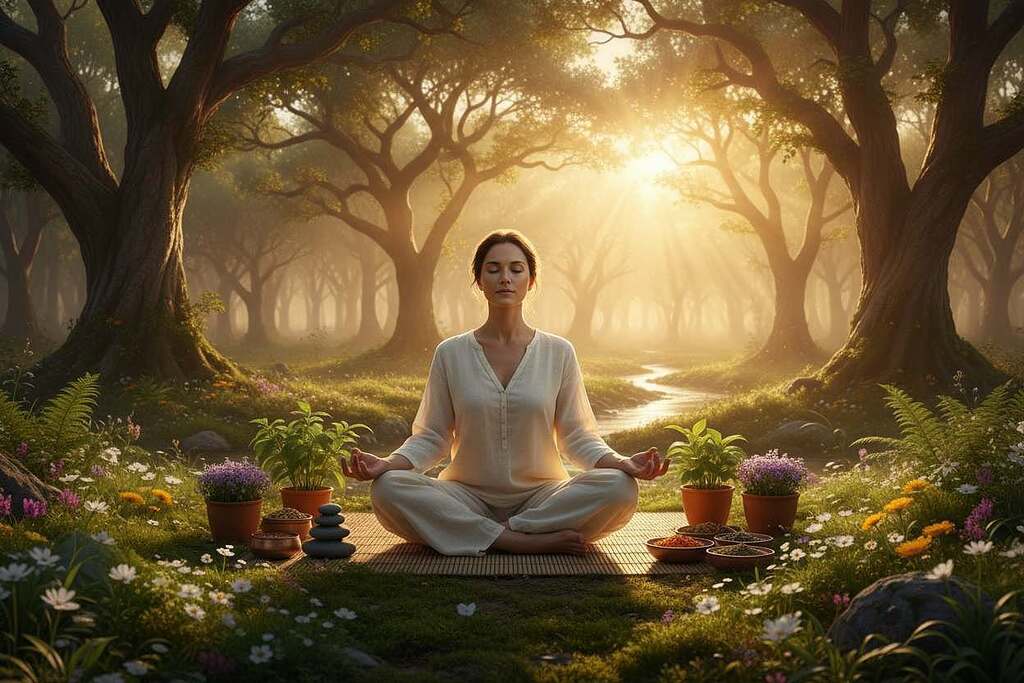A serene yoga practitioner seated in a cross-legged position, embodying mindfulness and tranquility, set against a soft, natural backdrop of a peaceful forest glade, sunlight filtering through the trees. The foreground features lush greenery and delicate wildflowers, while the middle ground showcases the practitioner surrounded by subtle elements of Ayurveda, such as herbal plants and serene stones, symbolizing healing. The background merges into a gentle sunrise, casting warm, golden light over the scene, creating an atmosphere of peace and spiritual growth. The composition captures the essence of Ayurveda, yoga, meditation, and mindfulness as transformative practices for healing. The lighting is soft and ethereal, evoking a sense of calm and introspection.