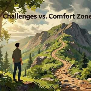 A split-scene illustration representing "Challenges vs. Comfort Zone." In the foreground, depict a confident individual in modest casual clothing, standing at the edge of a lush, vibrant forest symbolizing comfort, with soft, warm sunlight filtering through the leaves, creating an inviting atmosphere. In the middle ground, a rocky mountain path winds upward into a dramatic, cloudy sky, representing challenges. The path should look steep and demanding, with hints of adventure and exploration visible along the trail. In the background, contrast the serene comfort of the forest with the rugged, untamed terrain of the mountain, showcasing a clear division between the familiar and the unknown. The lighting should evoke a sense of transition from calmness to exhilaration, capturing the tension between security and freedom.