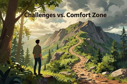 A split-scene illustration representing "Challenges vs. Comfort Zone." In the foreground, depict a confident individual in modest casual clothing, standing at the edge of a lush, vibrant forest symbolizing comfort, with soft, warm sunlight filtering through the leaves, creating an inviting atmosphere. In the middle ground, a rocky mountain path winds upward into a dramatic, cloudy sky, representing challenges. The path should look steep and demanding, with hints of adventure and exploration visible along the trail. In the background, contrast the serene comfort of the forest with the rugged, untamed terrain of the mountain, showcasing a clear division between the familiar and the unknown. The lighting should evoke a sense of transition from calmness to exhilaration, capturing the tension between security and freedom.
