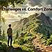 A split-scene illustration representing "Challenges vs. Comfort Zone." In the foreground, depict a confident individual in modest casual clothing, standing at the edge of a lush, vibrant forest symbolizing comfort, with soft, warm sunlight filtering through the leaves, creating an inviting atmosphere. In the middle ground, a rocky mountain path winds upward into a dramatic, cloudy sky, representing challenges. The path should look steep and demanding, with hints of adventure and exploration visible along the trail. In the background, contrast the serene comfort of the forest with the rugged, untamed terrain of the mountain, showcasing a clear division between the familiar and the unknown. The lighting should evoke a sense of transition from calmness to exhilaration, capturing the tension between security and freedom.