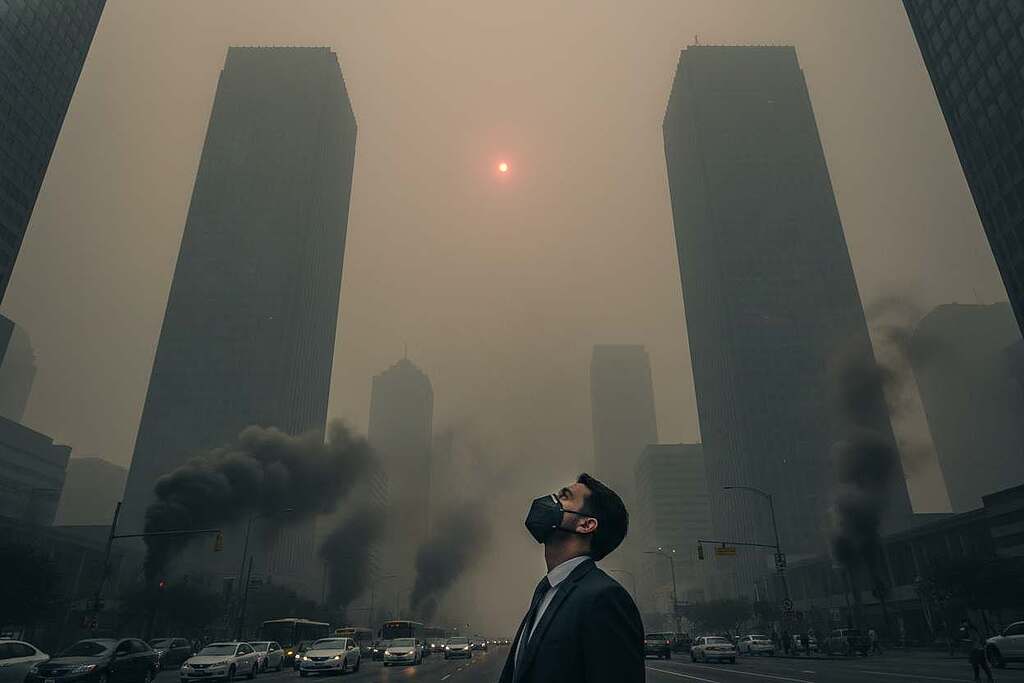 A stark urban skyline shrouded in a dense haze of air pollution, with a mixture of gray and muted colors dominating the scene. In the foreground, a person in professional attire is wearing a mask, staring up at the towering buildings that loom above, their silhouettes barely visible through the smog. The middle ground features a busy street with cars emitting visible exhaust fumes, emphasizing the impact of air quality on health. The background reveals a sunset struggling to break through the pollution, casting an eerie, oppressive light. The atmosphere is heavy and somber, evoking feelings of concern and urgency about environmental health. Capture this scene with a slightly low angle, emphasizing the height of the buildings and the weight of the pollution.