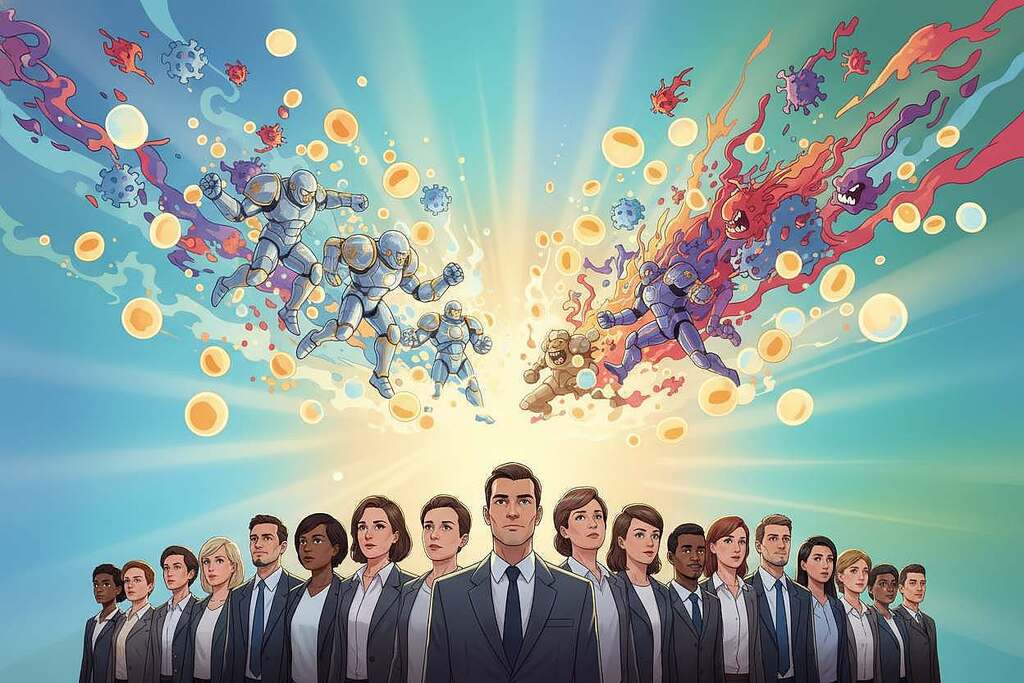 A stylized illustration of the human immune system, prominently featuring activated white blood cells engaging in a vibrant battle against colorful pathogens, symbolizing stress and burnout. In the foreground, a diverse group of individuals in professional attire, displaying expressions of determination and resilience, embodying the concept of mental health and wellbeing. The middle ground includes a radiant, abstract representation of happiness hormones like endorphins and serotonin, illustrated as glowing orbs surrounding the immune cells. The background softly blends into calming blues and greens, suggesting tranquility and balance. The lighting is warm and inviting, creating a hopeful atmosphere. The perspective should be slightly elevated, offering a sweeping view of this intricate scene, emphasizing connection between mental and physical health.