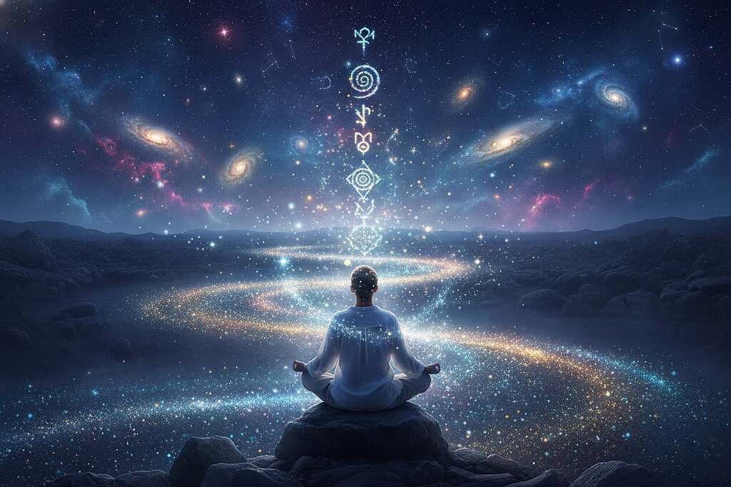 A surreal and mystical landscape depicting the essence of consciousness and the universe. In the foreground, a serene figure in modest casual clothing sits in meditation, surrounded by ethereal light and soft, shimmering particles that represent thoughts and emotions. The middle ground showcases a flowing river of stardust, symbolizing the connection between consciousness and the cosmos, while mystical symbols and shapes emerge from the water. The background features a vast starry sky with swirling galaxies and colorful nebulae, creating a sense of depth and infinity. Soft, ambient light casts an ethereal glow, emphasizing a tranquil and contemplative atmosphere. The angle captures both the depth of the landscape and the meditative figure harmoniously centered within the scene.