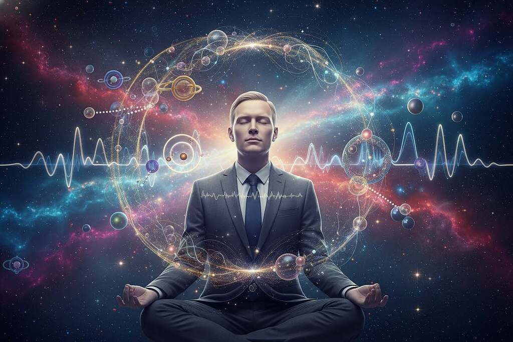 A surreal and thought-provoking scene merging consciousness and quantum physics. In the foreground, a human figure in professional attire, eyes closed in meditation, surrounded by swirling, luminous patterns representing thought and awareness. In the middle ground, intricate illustrations of quantum particles and wave functions dance together, glowing softly in iridescent blues and greens. The background features a cosmic landscape filled with stars and nebulas, creating a vast universe that symbolizes the connection between consciousness and the cosmos. Soft, ethereal lighting casts an otherworldly glow, emphasizing a serene and contemplative atmosphere. The angle is slightly from above, offering a sense of perspective on the intricate relationship between awareness and the universe.