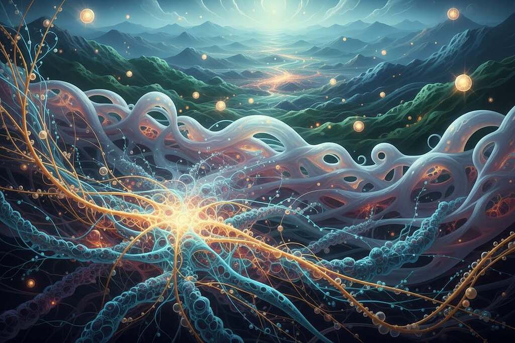 A surreal representation of bioelectricity, illustrating the interconnectedness of life through dynamic energy flows. In the foreground, luminous strands of electric energy weave through abstract biological forms, resembling neurons and synapses. The middle ground features a soft, pulsating network of organic shapes, suggesting resonance and vibrational frequencies. In the background, a misty landscape of soft blue and green hues represents the ambient field dynamics of nature, dotted with gently glowing orbs symbolizing life force. The lighting is ethereal, with a cool glow emanating from the energy strands, casting delicate shadows that enhance the sense of depth. The mood is both scientific and mystical, evoking a sense of wonder and curiosity about the fundamental forces that govern life.