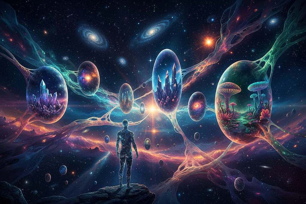 A surreal representation of the Multiverse, illustrating multiple, vividly distinct universes all interconnected, with swirling celestial patterns and vibrant color gradients. In the foreground, an abstract depiction of a human silhouette, gazing upwards, symbolizing consciousness and contemplation. In the middle ground, a series of portals leading to various realms, each displaying unique landscapes: one with crystalline structures, another with cosmic phenomena like nebulas, and yet another with lush alien flora. The background features a vast starry sky with twinkling galaxies and bright constellations. Soft, ethereal lighting bathes the scene, creating a mystical atmosphere. Use a wide-angle lens effect to enhance depth and perspective, giving a sense of endless possibilities. The overall mood is a mix of wonder and introspection, inviting viewers to ponder the vastness of existence.