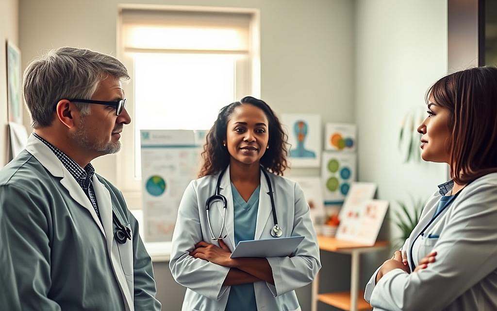 A thoughtful critique of conventional medicine, depicted in a warm, inviting clinic environment. In the foreground, a diverse group of three professionals—a white male doctor, a Black female nurse, and a Hispanic female researcher—engaged in a deep discussion, dressed in professional attire. The middle ground features a patient’s consultation room, adorned with medical charts and holistic health pamphlets, emphasizing a balance between traditional and alternative approaches. The background showcases a window with gentle sunlight filtering in, creating a calm atmosphere. The color palette is soothing with soft greens and blues, evoking a sense of trust and openness. The overall mood is reflective and critical, encouraging a dialogue about the role of modern medicine and the body’s natural signals. The composition is framed for a close-up, focusing on the engaged expressions of the professionals. A thoughtful critique of conventional medicine, depicted in a warm, inviting clinic environment. In the foreground, a diverse group of three professionals—a white male doctor, a Black female nurse, and a Hispanic female researcher—engaged in a deep discussion, dressed in professional attire. The middle ground features a patient’s consultation room, adorned with medical charts and holistic health pamphlets, emphasizing a balance between traditional and alternative approaches. The background showcases a window with gentle sunlight filtering in, creating a calm atmosphere. The color palette is soothing with soft greens and blues, evoking a sense of trust and openness. The overall mood is reflective and critical, encouraging a dialogue about the role of modern medicine and the body’s natural signals. The composition is framed for a close-up, focusing on the engaged expressions of the professionals.