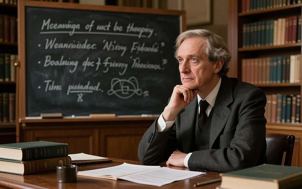 A thoughtful depiction of a male philosopher reminiscent of Donald Davidson, engaged in a reflective pose while surrounded by books and notes on a wooden desk. In the foreground, the philosopher is dressed in professional attire, deep in thought, with a pensive expression. The middle ground features a chalkboard filled with philosophical equations and quotes, illustrating the concept of meaning theory and action philosophy. In the background, a warm, softly lit library interior filled with shelves of books creates an inviting atmosphere. Emphasize rich wood tones and warm lighting to evoke a sense of scholarly depth and contemplation, capturing the essence of 20th-century philosophical discourse. A thoughtful depiction of a male philosopher reminiscent of Donald Davidson, engaged in a reflective pose while surrounded by books and notes on a wooden desk. In the foreground, the philosopher is dressed in professional attire, deep in thought, with a pensive expression. The middle ground features a chalkboard filled with philosophical equations and quotes, illustrating the concept of meaning theory and action philosophy. In the background, a warm, softly lit library interior filled with shelves of books creates an inviting atmosphere. Emphasize rich wood tones and warm lighting to evoke a sense of scholarly depth and contemplation, capturing the essence of 20th-century philosophical discourse.