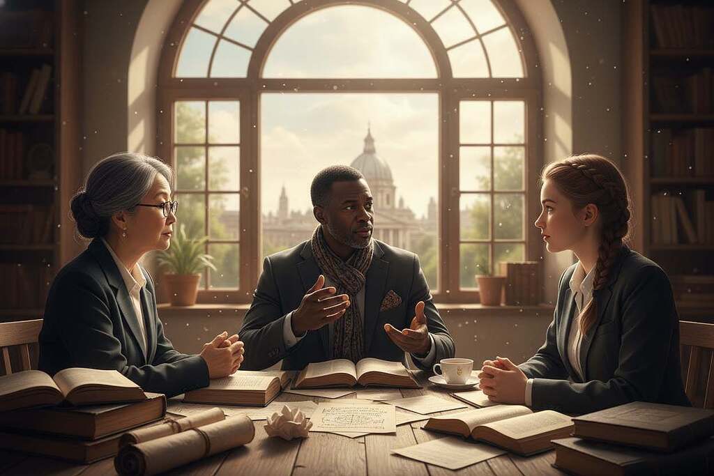 A thoughtful depiction of the concept of "Menschenbild in der Philosophie," illustrating deep philosophical reflection. In the foreground, a diverse group of three individuals of different ages and ethnicities, all in professional attire, engaged in animated discussion, embodying the sharing of ideas. The middle ground features open books and scrolls scattered on a rustic wooden table, symbolizing the exchange of knowledge. In the background, a large window allows soft, warm sunlight to illuminate the scene, casting gentle shadows and creating an inviting atmosphere. The mood is contemplative and inspiring, emphasizing unity in diversity and the importance of community values. Use a soft focus on the background elements to draw attention to the foreground conversation while maintaining a harmonious composition.