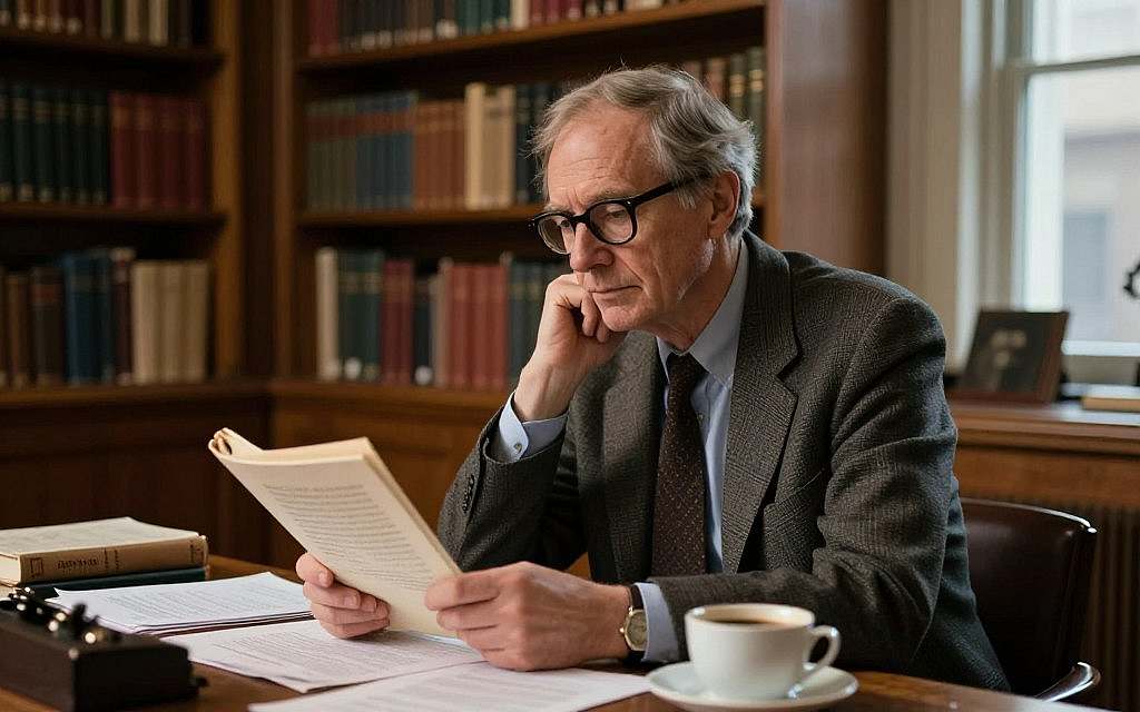 A thoughtful, introspective portrait of Hilary Putnam, depicted in a university library filled with books on philosophy. In the foreground, Putnam, dressed in a smart blazer and glasses, sits at a wooden desk cluttered with papers and a cup of coffee, his expression contemplative as he gazes at a philosophical text. The middle ground features warm wooden bookshelves packed with classic works by Wittgenstein and Foucault, hinting at the rich philosophical discourse. The background reveals soft, warm lighting from a nearby window, casting gentle shadows, evoking a serene and intellectual atmosphere. The overall mood is one of deep reflection on realism and the philosophy of mind, capturing the essence of 20th-century philosophy. A thoughtful, introspective portrait of Hilary Putnam, depicted in a university library filled with books on philosophy. In the foreground, Putnam, dressed in a smart blazer and glasses, sits at a wooden desk cluttered with papers and a cup of coffee, his expression contemplative as he gazes at a philosophical text. The middle ground features warm wooden bookshelves packed with classic works by Wittgenstein and Foucault, hinting at the rich philosophical discourse. The background reveals soft, warm lighting from a nearby window, casting gentle shadows, evoking a serene and intellectual atmosphere. The overall mood is one of deep reflection on realism and the philosophy of mind, capturing the essence of 20th-century philosophy.