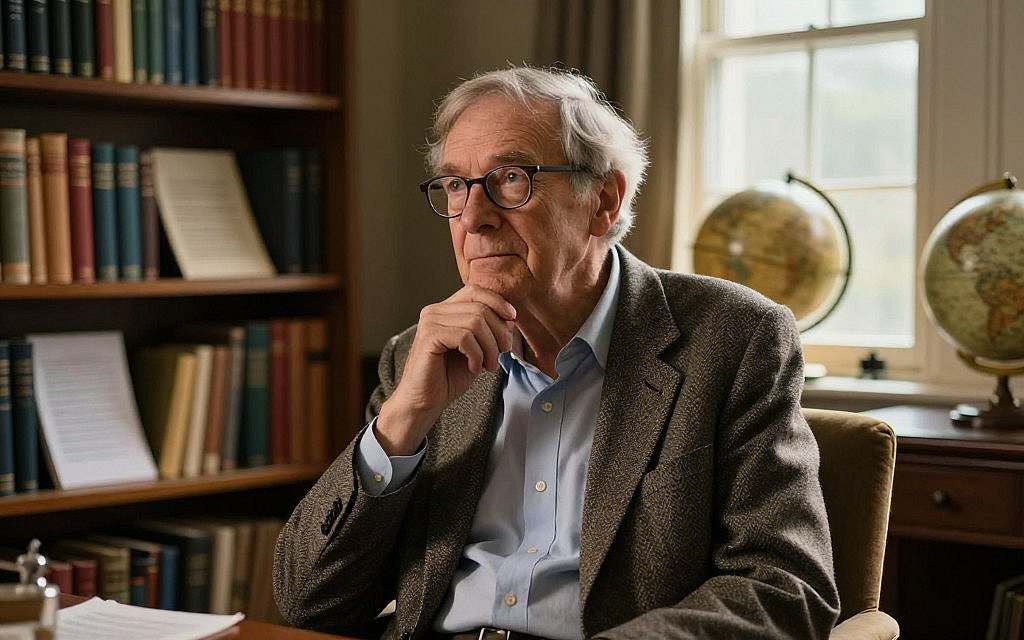 A thoughtful representation of Richard Rorty, a prominent 20th-century philosopher known for neopragmatism, set in a scholarly environment. In the foreground, depict Rorty as an older Caucasian man with glasses, wearing a neat blazer and a button-up shirt, engaged in deep contemplation. In the middle ground, display a richly filled bookshelf laden with classic philosophical texts and papers, hinting at a vibrant intellectual atmosphere. The background should show a softly lit study with a large window, allowing warm sunlight to filter in, creating shadows that lend a serene and inviting mood to the space. Incorporate elements like a vintage globe and a comfy armchair for added context, capturing the essence of reflective thought inherent in Rorty’s philosophy. The scene conveys an air of curiosity and engagement with the complexities of post-analytical philosophy. A thoughtful representation of Richard Rorty, a prominent 20th-century philosopher known for neopragmatism, set in a scholarly environment. In the foreground, depict Rorty as an older Caucasian man with glasses, wearing a neat blazer and a button-up shirt, engaged in deep contemplation. In the middle ground, display a richly filled bookshelf laden with classic philosophical texts and papers, hinting at a vibrant intellectual atmosphere. The background should show a softly lit study with a large window, allowing warm sunlight to filter in, creating shadows that lend a serene and inviting mood to the space. Incorporate elements like a vintage globe and a comfy armchair for added context, capturing the essence of reflective thought inherent in Rorty’s philosophy. The scene conveys an air of curiosity and engagement with the complexities of post-analytical philosophy.