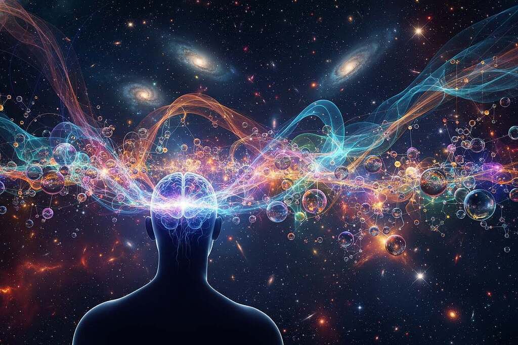 A vibrant, abstract representation of the connection between consciousness and matter. In the foreground, visualize a human silhouette, with a glowing brain and swirling energy patterns emanating from it, symbolizing thoughts and awareness. The middle ground features ethereal wisps of colorful light intertwining with molecular structures and particles, illustrating the interplay between physical matter and consciousness. In the background, a cosmic setting with stars and nebulae hints at the vast universe, promoting a sense of wonder and exploration. Soft, radiant lighting creates a dreamlike atmosphere, while a slight bokeh effect adds depth. Capture this interplay in a wide-angle perspective for an immersive experience, evoking curiosity and contemplation.