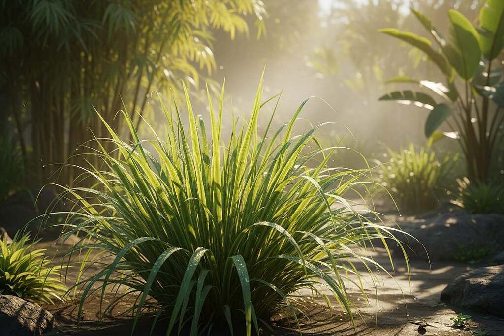A vibrant and fresh representation of Zitronengras (lemongrass), showcasing its tall, slender green stalks with bright yellow-green hues, arranged in a dynamic, flowing composition. In the foreground, include a close-up of the textured leaves, dew-kissed to highlight their freshness. In the middle ground, place a cluster of lemongrass stalks with soft sunlight filtering through, casting gentle shadows. In the background, create a serene Asian-inspired garden scene, complete with soft focus tropical plants and a light mist, evoking a peaceful atmosphere. The lighting should be warm and inviting, simulating the golden hour, with a focus on natural textures and colors to emphasize the healing properties of this herb. The image should feel refreshing and organic, perfect for illustrating Zitronengras as a healing tool. A vibrant and fresh representation of Zitronengras (lemongrass), showcasing its tall, slender green stalks with bright yellow-green hues, arranged in a dynamic, flowing composition. In the foreground, include a close-up of the textured leaves, dew-kissed to highlight their freshness. In the middle ground, place a cluster of lemongrass stalks with soft sunlight filtering through, casting gentle shadows. In the background, create a serene Asian-inspired garden scene, complete with soft focus tropical plants and a light mist, evoking a peaceful atmosphere. The lighting should be warm and inviting, simulating the golden hour, with a focus on natural textures and colors to emphasize the healing properties of this herb. The image should feel refreshing and organic, perfect for illustrating Zitronengras as a healing tool.