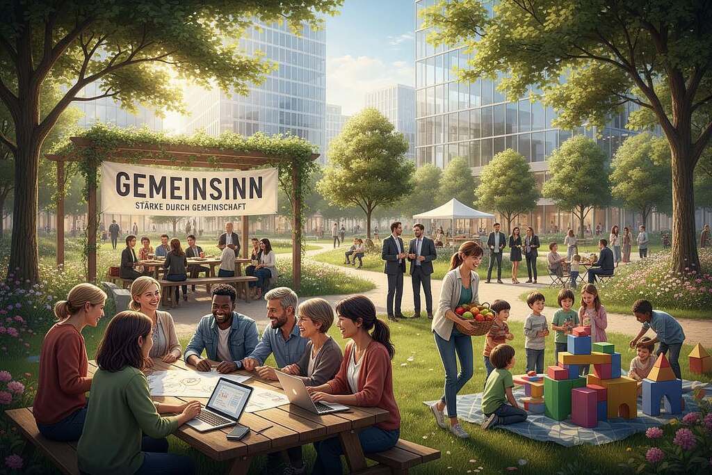 A vibrant community gathering scene in a modern urban park, illustrating "Gemeinsinn" as a social resource. In the foreground, diverse individuals of various ethnicities engage in collaborative activities, such as brainstorming ideas at a picnic table and sharing resources. In the middle ground, a group of children play together, showcasing a sense of unity and cooperation, while adults network in small circles, demonstrating professional interactions. The background features a lush green landscape with modern city buildings, symbolizing connection between nature and urban life. Soft, warm sunlight filters through leafy trees, creating a welcoming atmosphere. The scene captures the essence of teamwork and community spirit, emphasizing togetherness and shared values in a contemporary society.