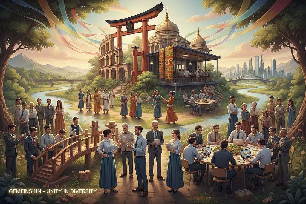 A vibrant cultural tapestry representing "Gemeinsinn" across various societies. In the foreground, a diverse group of people in professional business attire or modest casual clothing, engaged in cooperative activities, symbolizing unity and collaboration. In the middle ground, iconic landmarks and traditional elements from different cultures subtly blended, reflecting their unique ways of fostering community spirit. The background features a serene landscape with a harmonious blend of nature and urban environments, representing the interconnectedness of cultures worldwide. Warm, soft lighting creates an inviting atmosphere, while a balanced composition enhances the sense of collaboration. The entire scene radiates positivity and mutual respect, emphasizing the importance of communal values in human development.