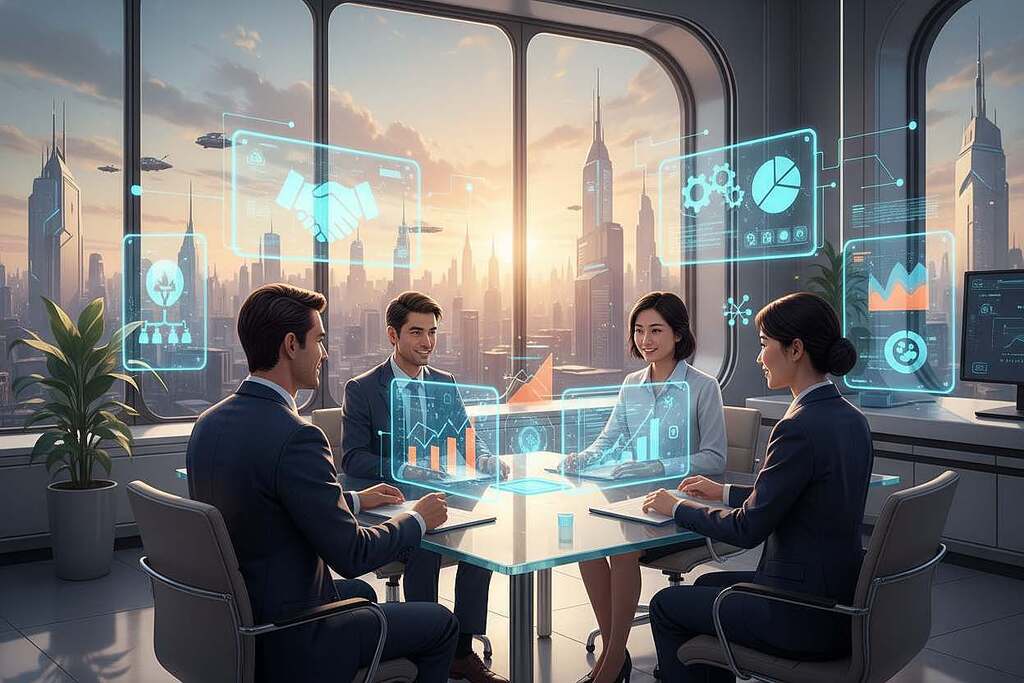 A vibrant digital scene showcasing virtual communities in the context of collaboration and connection. In the foreground, a diverse group of people, dressed in professional business attire, engage in a video conference, their faces illuminated by computer screens, suggesting concentration and teamwork. In the middle ground, floating holographic elements represent digital connections and data exchange, such as graphs, charts, and icons symbolizing cooperation and innovation. The background features a sleek, modern office environment with large windows displaying a cityscape, bathed in warm, inviting sunlight to create a sense of optimism and progress. The overall mood is one of synergy and positivity, emphasizing the importance of community in the digital age.