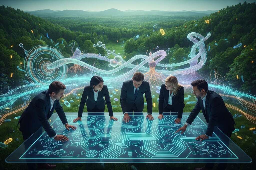 A vibrant, dynamic scene representing "Wachstum & Teilhabe," illustrating growth and participation. In the foreground, a diverse group of professionals in business attire collaborate, examining a digital map showcasing bioelectric pathways interconnecting, symbolizing order in movement. In the middle ground, abstract representations of bioelectric circuits and organic structures intertwine, emphasizing the relationship between biochemistry and bioelectricity, illuminated by soft, ethereal lighting. The background features a lush, green landscape with microorganisms subtly blended into the environment, promoting the theme of life and vitality. Capture the scene from a slightly elevated, wide-angle perspective to create depth and convey an atmosphere of innovation, collaboration, and harmony.