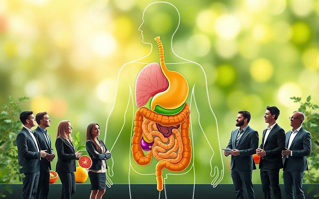 A vibrant illustration of gut health as the central focus, showcasing a stylized human digestive system with colorful, healthy organs. In the foreground, a diverse group of individuals in professional business attire, each exhibiting a sense of wellness and health while engaging in discussions about nutrition and well-being. In the middle ground, visually striking fruits and vegetables radiate energy and vitality, symbolizing the importance of a balanced diet. The background features a serene, softly lit environment, blending shades of green to represent nature and health, with gentle light filtering through, creating a warm and inviting atmosphere. The image should evoke a sense of harmony, balance, and the connection between the gut and overall well-being, using a clear, crisp focus with a slight depth of field to highlight the foreground characters. A vibrant illustration of gut health as the central focus, showcasing a stylized human digestive system with colorful, healthy organs. In the foreground, a diverse group of individuals in professional business attire, each exhibiting a sense of wellness and health while engaging in discussions about nutrition and well-being. In the middle ground, visually striking fruits and vegetables radiate energy and vitality, symbolizing the importance of a balanced diet. The background features a serene, softly lit environment, blending shades of green to represent nature and health, with gentle light filtering through, creating a warm and inviting atmosphere. The image should evoke a sense of harmony, balance, and the connection between the gut and overall well-being, using a clear, crisp focus with a slight depth of field to highlight the foreground characters.