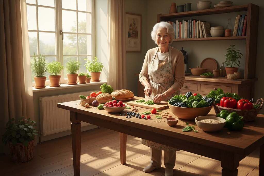 A vibrant kitchen scene emphasizing optimal nutrition for healthy aging. In the foreground, a beautifully arranged table features a variety of colorful fruits and vegetables, such as fresh berries, leafy greens, and whole grains, symbolizing wholesome food choices. In the middle ground, an elderly person, dressed in modest casual attire, is joyfully preparing a delicious meal, showcasing a healthy lifestyle. They are surrounded by natural light streaming through a window, casting soft shadows. In the background, herbs grow in pots, and a shelf filled with cookbooks stands, adding warmth to the atmosphere. The overall mood is nurturing and uplifting, highlighting the importance of nutrition in maintaining vitality during the golden years.