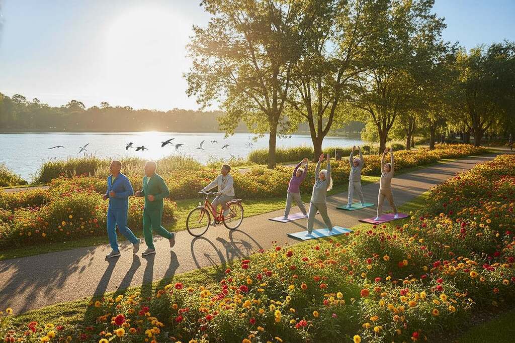 A vibrant scene depicting the essence of movement and physical activity for healthy aging. In the foreground, a diverse group of middle-aged individuals, dressed in modest athletic wear, are engaged in various activities like jogging, cycling, and practicing yoga in a sunlit park. Their expressions reflect joy and vitality. In the middle ground, lush greenery and blooming flowers enhance the sense of an active lifestyle, with the soft rustling of leaves suggesting a gentle breeze. The background reveals a tranquil lakeside view with birds in flight, adding to the overall harmony of nature. Use warm, bright lighting to create an uplifting mood, emphasizing the energy and positivity associated with physical activity. Employ a slightly elevated viewpoint to capture the dynamism of the movement.