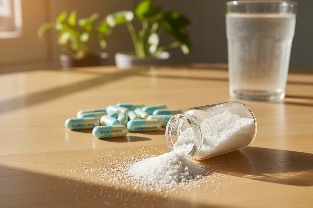 A visually striking arrangement of MSM powder, glucosamine, and chondroitin capsules on a smooth wooden surface. In the foreground, a small glass jar filled with white MSM granules, with some granules spilling onto the table. The middle section features capsules of glucosamine and chondroitin in soft pastel colors, artfully scattered around the jar. In the background, soft green plants and a blurred glass of water create a fresh, natural atmosphere, evoking health and wellness. The lighting is warm and inviting, with gentle sunlight streaming in from the left, casting soft shadows to enhance the depth. The composition should evoke a sense of balance and harmony, reflecting the synergy of these dietary supplements for health and beauty.