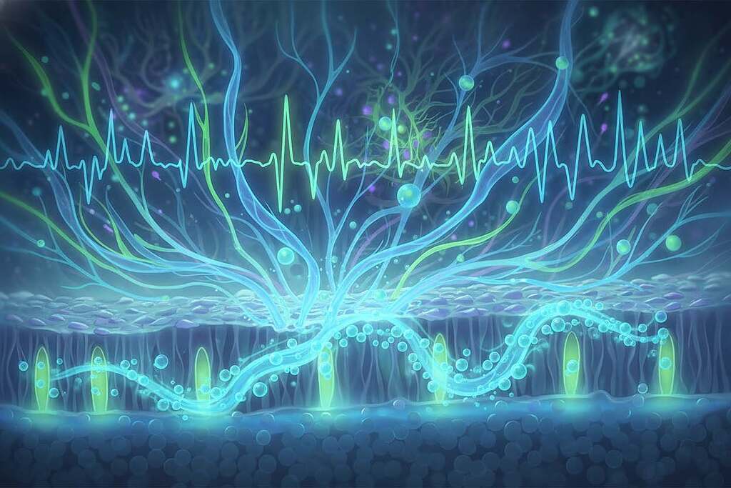 A visually striking illustration depicting the theme "From Ion Currents to Life Patterns – The Electric Nature of the Cell". In the foreground, a close-up of a cell membrane showcasing ion channels actively transporting ions, surrounded by vibrant, flowing currents of electric energy represented in blue and green hues. The middle layer features stylized patterns of action potentials radiating outward, symbolizing the cell's communication and life processes. In the background, a blurred abstract representation of a biological network, suggesting interconnected cells and their bioelectrical landscape. The lighting is soft yet dynamic, emphasizing the glowing currents, with a focus on clarity and movement. The atmosphere conveys a sense of wonder and vitality, encapsulating the intricate dance of bioelectricity within living organisms.