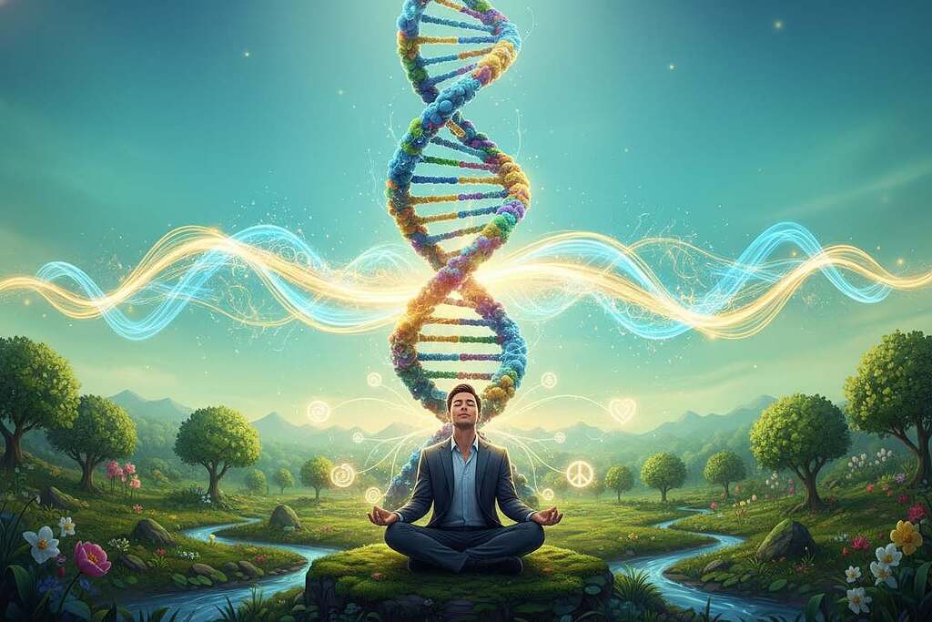A visually striking representation of epigenetics, featuring a DNA double helix in vivid colors, spiraling through a lush green landscape that symbolizes growth and healing. In the foreground, a thoughtful individual in professional attire meditates, surrounded by floating symbols of thoughts and beliefs, like light particles or soft glowing icons, representing the power of consciousness in gene activation. The middle ground showcases a vibrant, abstract illustration of brain waves emanating energy towards the DNA strand, intertwining the concepts of thought and genetic expression. The background fades into a serene gradient of blue and green hues, evoking tranquility and reflection, with soft, ambient lighting casting an ethereal glow over the scene, enhancing the mood of enlightenment and discovery.