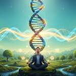 A visually striking representation of epigenetics, featuring a DNA double helix in vivid colors, spiraling through a lush green landscape that symbolizes growth and healing. In the foreground, a thoughtful individual in professional attire meditates, surrounded by floating symbols of thoughts and beliefs, like light particles or soft glowing icons, representing the power of consciousness in gene activation. The middle ground showcases a vibrant, abstract illustration of brain waves emanating energy towards the DNA strand, intertwining the concepts of thought and genetic expression. The background fades into a serene gradient of blue and green hues, evoking tranquility and reflection, with soft, ambient lighting casting an ethereal glow over the scene, enhancing the mood of enlightenment and discovery.