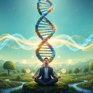 A visually striking representation of epigenetics, featuring a DNA double helix in vivid colors, spiraling through a lush green landscape that symbolizes growth and healing. In the foreground, a thoughtful individual in professional attire meditates, surrounded by floating symbols of thoughts and beliefs, like light particles or soft glowing icons, representing the power of consciousness in gene activation. The middle ground showcases a vibrant, abstract illustration of brain waves emanating energy towards the DNA strand, intertwining the concepts of thought and genetic expression. The background fades into a serene gradient of blue and green hues, evoking tranquility and reflection, with soft, ambient lighting casting an ethereal glow over the scene, enhancing the mood of enlightenment and discovery.