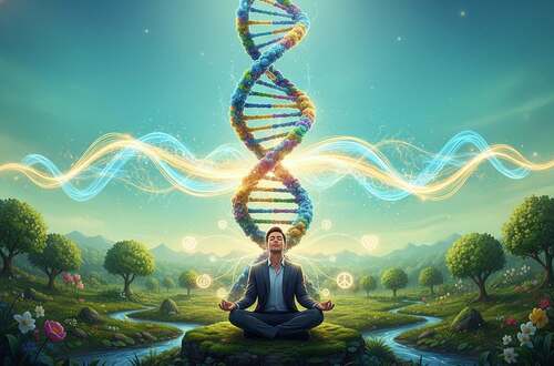 A visually striking representation of epigenetics, featuring a DNA double helix in vivid colors, spiraling through a lush green landscape that symbolizes growth and healing. In the foreground, a thoughtful individual in professional attire meditates, surrounded by floating symbols of thoughts and beliefs, like light particles or soft glowing icons, representing the power of consciousness in gene activation. The middle ground showcases a vibrant, abstract illustration of brain waves emanating energy towards the DNA strand, intertwining the concepts of thought and genetic expression. The background fades into a serene gradient of blue and green hues, evoking tranquility and reflection, with soft, ambient lighting casting an ethereal glow over the scene, enhancing the mood of enlightenment and discovery.