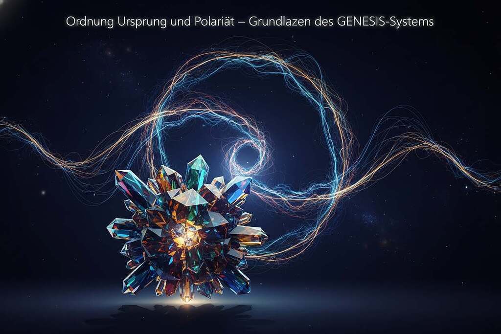 A visually striking representation of "Ordnung, Ursprung und Polarität – Grundlagen des GENESIS-Systems." In the foreground, depict a crystalline structure symbolizing order and origin, intricately detailed with facets refracting light in various colors. In the middle ground, showcase flowing energy pathways, glowing with bioelectrical currents, emphasizing the theme of polarity. Use a dark, gradient background to create depth, suggesting the unknown origins of life. The lighting should be ethereal, casting dramatic shadows and highlighting the interplay of light and dark, creating a mysterious, yet harmonious atmosphere. Capture the essence of biochemistry and bioelectricity, with a slightly abstract, futuristic style, ensuring a professional tone throughout the composition.