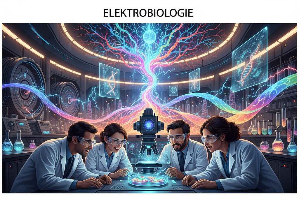 A vivid illustration of "elektrobiologie" depicting the intersection of physics and biology. In the foreground, a diverse group of scientists, dressed in professional laboratory attire, examines bioelectric cells under a high-tech microscope, their focused expressions conveying a sense of discovery. The middle ground features glowing, intricate neuron pathways and bioelectric signals illustrated as colorful waves, symbolizing the electricity pulsing through living organisms. The background showcases a modern laboratory filled with advanced scientific equipment, bathed in soft, ambient lighting that highlights the details of the scene. The atmosphere is one of innovation and intrigue, with a balanced light distribution emphasizing both the complexity and beauty of bioelectric interactions.