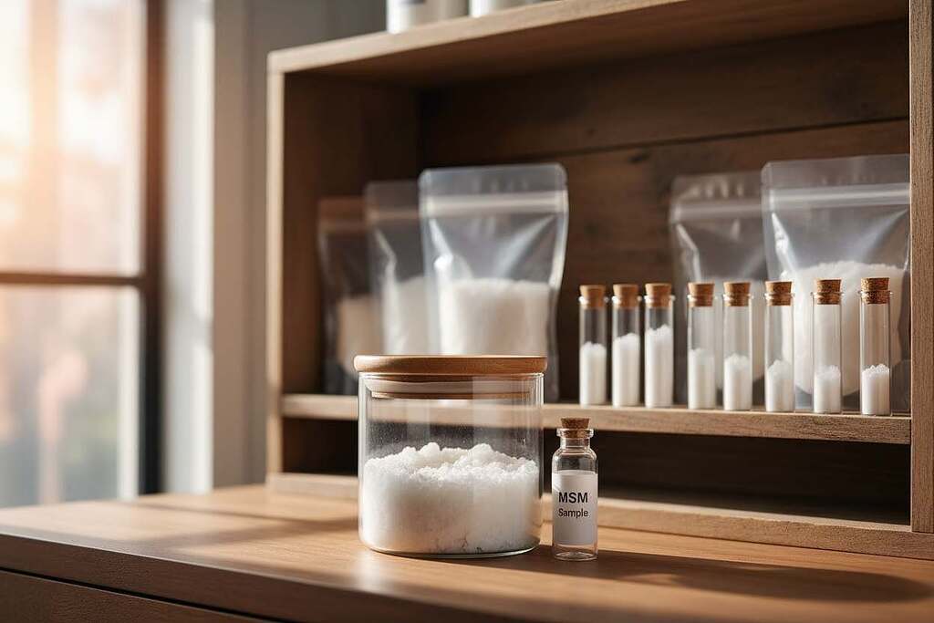 A well-organized storage space for MSM products, showcasing a variety of containers filled with white crystalline MSM powder. In the foreground, a sleek, modern glass jar with a wooden lid prominently displays its contents, while a smaller, labeled sample jar sits beside it. The middle section features a wooden shelf adorned with other storage options, including airtight bags and smaller glass vials, all neatly arranged. The background is softly blurred to reveal a serene atmosphere, with natural light streaming in through a nearby window, casting gentle shadows. The overall mood is clean, inviting, and health-focused, reflecting the importance of proper storage for MSM products. Use a shallow depth of field to emphasize the foreground, ensuring a fresh and informative visual presentation.