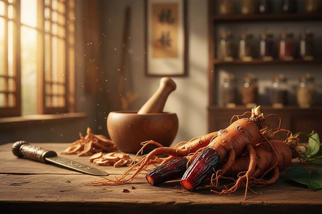 Close-up of vibrant red ginseng roots displayed on a rustic wooden surface, showcasing their intricate textures and rich coloration. In the foreground, several freshly harvested roots are partially processed, revealing their glossy, darkened surface that reflects light softly. The middle ground includes traditional tools for preparing ginseng, like a wooden mortar and pestle, hinting at artisanal processing methods. In the background, a blurred view of a serene Asian herbal workshop, with warm light filtering through the windows, casting gentle shadows and creating a tranquil, focused atmosphere. Emphasize earthy tones and soft lighting to evoke a sense of natural healing and authenticity. The composition should feel balanced, inviting the viewer into the world of natural remedies. Close-up of vibrant red ginseng roots displayed on a rustic wooden surface, showcasing their intricate textures and rich coloration. In the foreground, several freshly harvested roots are partially processed, revealing their glossy, darkened surface that reflects light softly. The middle ground includes traditional tools for preparing ginseng, like a wooden mortar and pestle, hinting at artisanal processing methods. In the background, a blurred view of a serene Asian herbal workshop, with warm light filtering through the windows, casting gentle shadows and creating a tranquil, focused atmosphere. Emphasize earthy tones and soft lighting to evoke a sense of natural healing and authenticity. The composition should feel balanced, inviting the viewer into the world of natural remedies.
