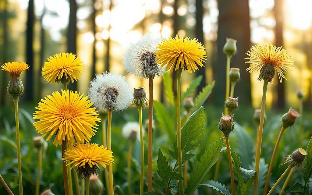 A beautiful botanical illustration of various dandelion species represented with their intricate details and unique characteristics. In the foreground, showcase vibrant dandelion flowers in various stages of bloom, capturing their bright yellow petals and fluffy seed heads. In the middle ground, include lush green leaves and stems that vary in size, with some leaves displaying unique serrated edges and others being smooth. The background should feature a softly blurred forest setting with sunlight filtering through the trees, casting a warm, serene atmosphere. Use soft, natural lighting to enhance the overall mood, with a shallow depth of field to focus on the dandelions. The composition should evoke a sense of wonder and appreciation for the diverse names and forms of this common yet miraculous plant. A beautiful botanical illustration of various dandelion species represented with their intricate details and unique characteristics. In the foreground, showcase vibrant dandelion flowers in various stages of bloom, capturing their bright yellow petals and fluffy seed heads. In the middle ground, include lush green leaves and stems that vary in size, with some leaves displaying unique serrated edges and others being smooth. The background should feature a softly blurred forest setting with sunlight filtering through the trees, casting a warm, serene atmosphere. Use soft, natural lighting to enhance the overall mood, with a shallow depth of field to focus on the dandelions. The composition should evoke a sense of wonder and appreciation for the diverse names and forms of this common yet miraculous plant.