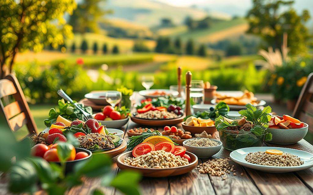 A beautifully arranged dining table set outdoors, emphasizing the concept of "saturation" through vibrant, rich colors of a healthy meal. In the foreground, a wooden table laden with a variety of fresh, colorful food such as ripe fruits, salads, and whole grains, all artistically displayed. In the middle ground, a serene atmosphere with soft natural lighting filtering through greenery, creating a warm glow on the food. In the background, a blurred landscape of lush gardens and gentle hills, enhancing the feeling of tranquility. The overall mood should evoke a sense of mindfulness and relaxation, encouraging slow eating and appreciation of flavors, while showcasing the impact on satiety. The composition should focus on textures and colors that inspire a healthy, satisfying meal experience. A beautifully arranged dining table set outdoors, emphasizing the concept of "saturation" through vibrant, rich colors of a healthy meal. In the foreground, a wooden table laden with a variety of fresh, colorful food such as ripe fruits, salads, and whole grains, all artistically displayed. In the middle ground, a serene atmosphere with soft natural lighting filtering through greenery, creating a warm glow on the food. In the background, a blurred landscape of lush gardens and gentle hills, enhancing the feeling of tranquility. The overall mood should evoke a sense of mindfulness and relaxation, encouraging slow eating and appreciation of flavors, while showcasing the impact on satiety. The composition should focus on textures and colors that inspire a healthy, satisfying meal experience.